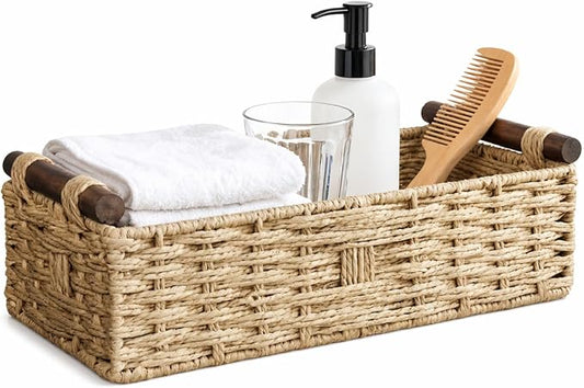 Toilet Tank Basket, Back of Toilet Bathroom Storage Basket | Woven Paper Rope Bathroom Basket with Wood Handles for Toilet Tank Top, Vanity, Shelf, Countertop Organizer for Toiletries