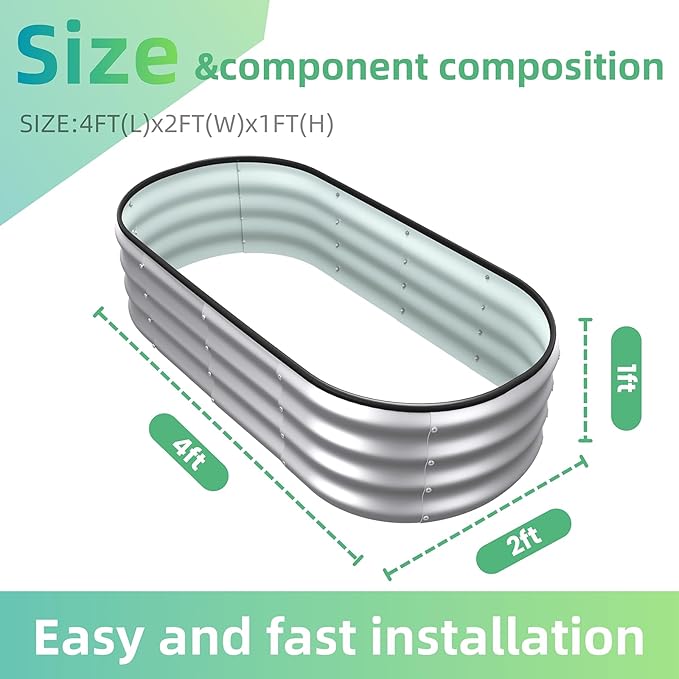 4x2x1 ft Oval Galvanized Metal Raised Garden Beds, Thickened Rust-Proof Flower Beds, Outdoor Plant Planter Boxes(Silver, 1PC)