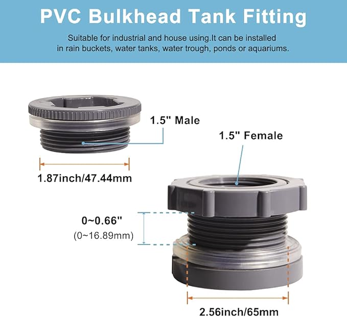 Ququyi 1.5 Inch PVC Bulkhead Water Tank Connector Adapter Fitting with Plugs Thru-Bulk Pipe Fitting for Rain Barrels, Aquariums, Ponds(Set of 2)