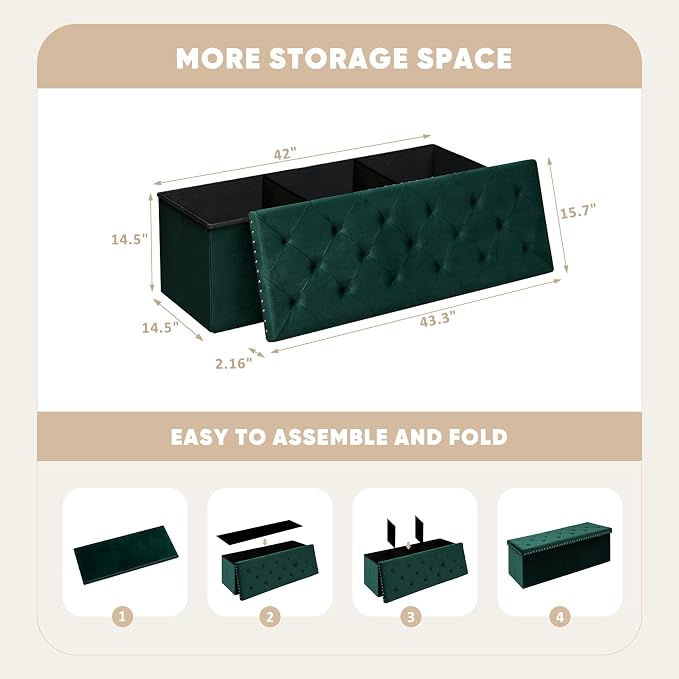 PINPLUS Folding Storage Ottoman Bench, Green Velvet