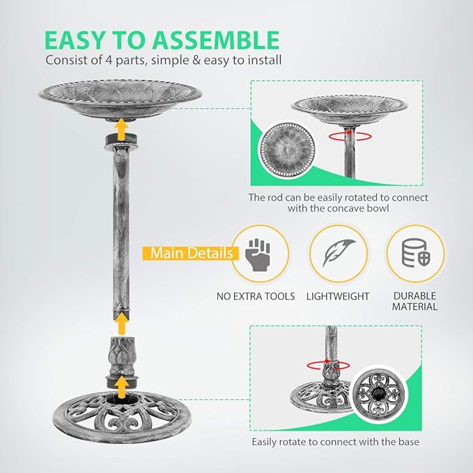 VIVOHOME Bird Bath for Outside, Polyresin Pedestal Bird Baths for Outdoor, Garden, 28 Inch Height Weather-Resistant Birdbaths with 20" Bowl, Gray