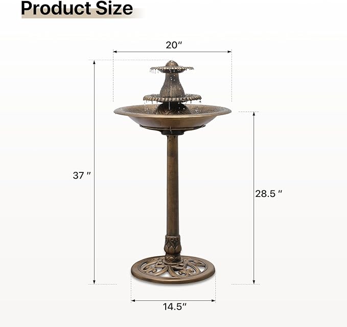 Athena Collection 37'' Height Bird Bath Vintage Pedestal Birdbath Electric Water Fountain with Recirculating Pump Polypropylene Floral Accents 3 Tier Birdbath for Outside, Patio, Garden, Bronze