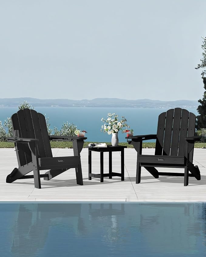 Adirondack Chairs Set of 2, HDPE Material Fire Pit Chairs, Plastic Adirondack Chairs with 2 Cup Holder, Outdoor Lawn Chair for Patio Garden, Black