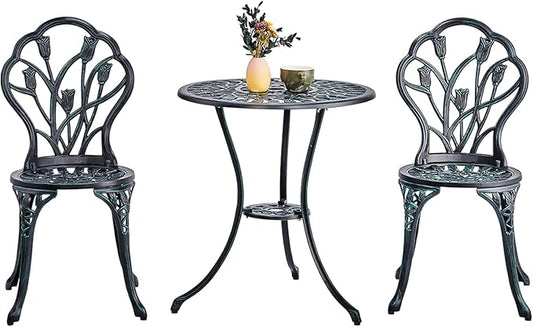 VINGLI 3 PCS Outdoor Bistro Set, Outdoor Patio Set, All-Weather Cast Aluminum Bistro Table Set, Bistro Table and Chairs Set of 2 for Backyard, Garden, Balcony (Green, Tulip)