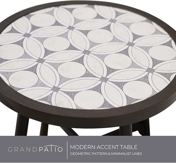 Grand Patio Outdoor Side Table, Round End Table with Creamy White Ceramic Tile Tabletop