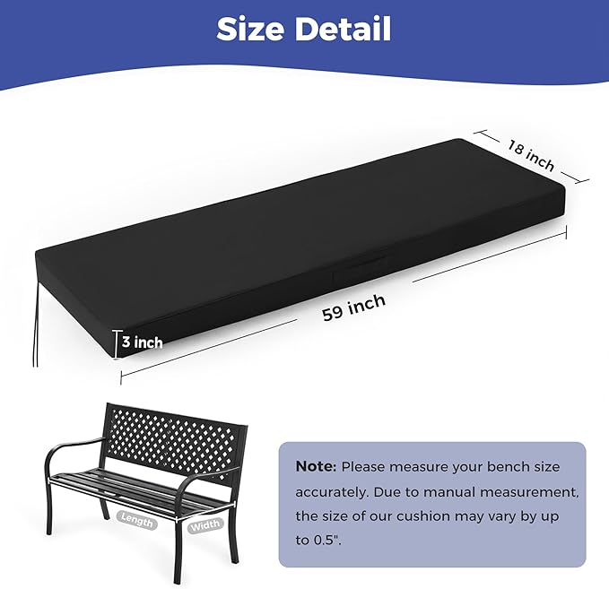 IPYNBAP Outdoor Bench Cushions for Outdoor Furniture, 59x18x3 Inch, Waterproof Bench Pillow, Fade Resistant Long Bench Seat Pads for Garden, Indoor, Porch Swing, Black