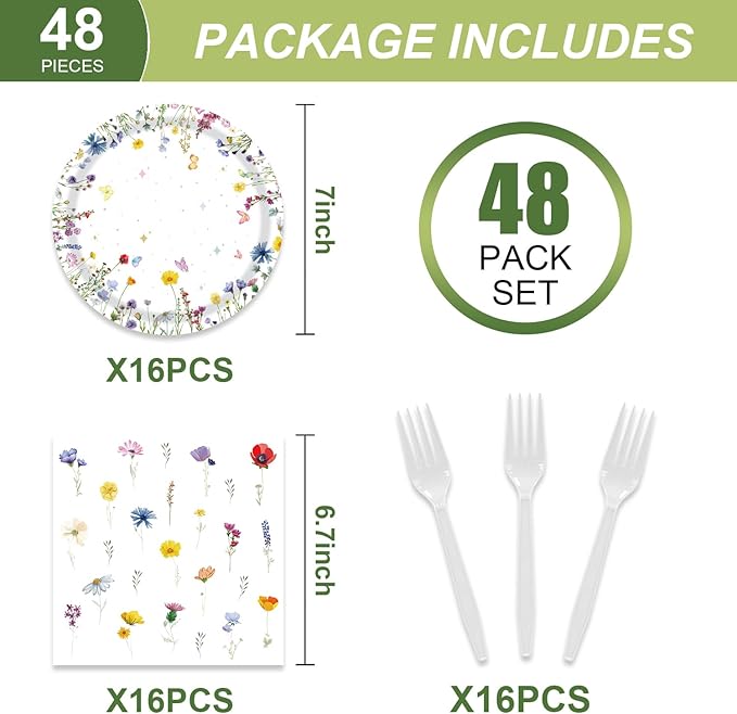 48Pcs Wildflower Party Decorations Garden Flower Decorations for Party or Baby Shower Supplies Plates Napkins Forks Set for 16 Guests