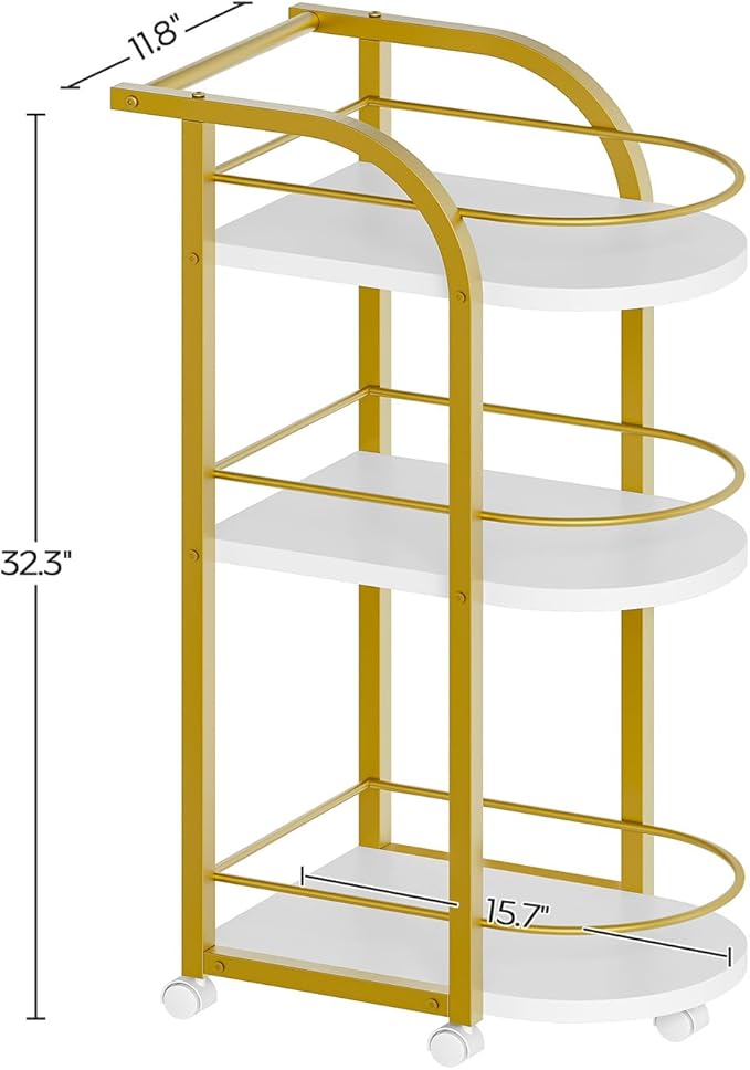 YATINEY 3-Tier Bar Cart, Home Bar Serving Cart with Fence and Wheels, for Dining Room, Living Room, Garden, Party, White and Gold BC06DW