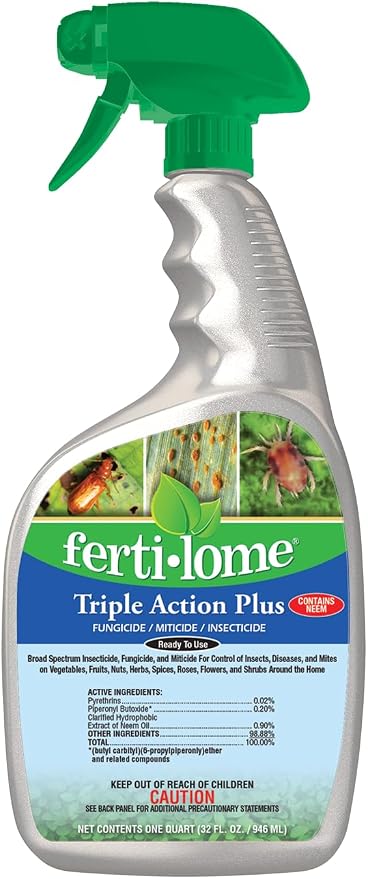 Fertilome (10251) Triple Action Plus Insecticide Fungicide, 32 oz | Pyrethrin + neem oil concentrate - Controls insects, mites & fungal disease - Home fruit & veggie gardeners