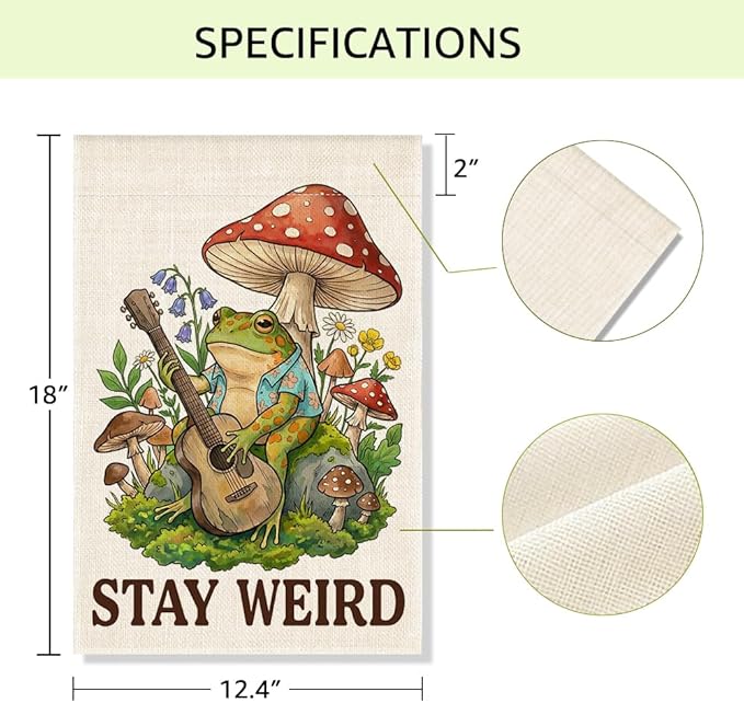 RZHV Stay Weird Double-Sided Garden Flag for Outdoor House Yard Sign Garden Decor Parade, Cute Frog Mushrooms Vertical House Lawn Yard Sign, Housewarming Banner Gifts for Frog Lover Friends Neighbors