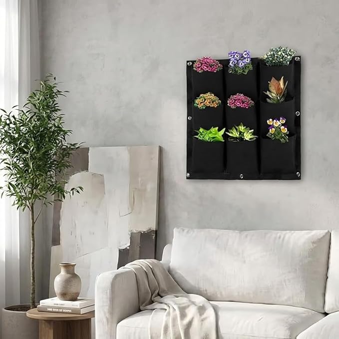 WFIST Vertical Hanging Planter Bag, Breathable Felt Wall Garden Planter with Metal Grommets, Indoor/Outdoor Space-Saving Herb & Flower Growing Pouch (9-Pocket)