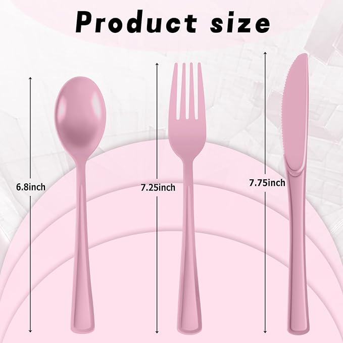 Plastic Silverware 150 PCS Disposable Silverware Heavy Duty Utensil Sets 50 Of Each Forks Knives & Spoons Disposable Cutlery Set For Easter,Birthday,Baby Shower,Garden Party,Wedding(150,Pink)