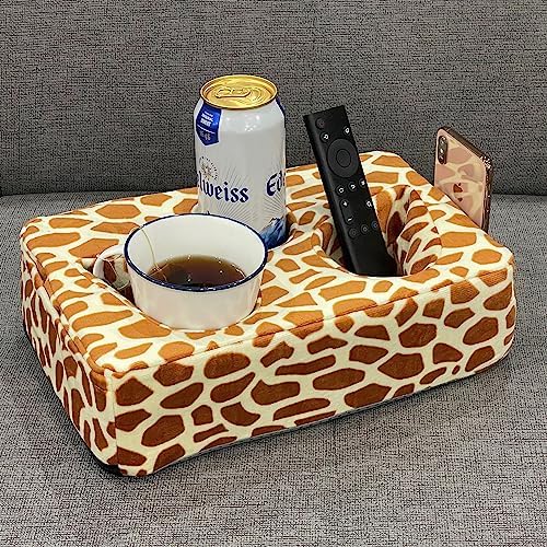 Couch Cup Holder Pillow, Couch Drinks Remotes Holder for Center of Couch, for Sofa, Bed, RV, Car (Giraffe)