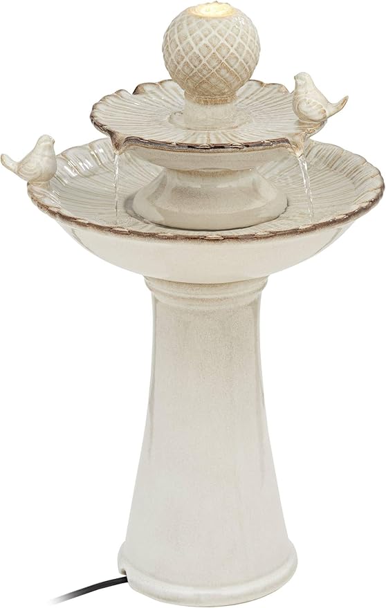 Bathing Bird 26 3/4" High Large Italian Outdoor Cottage Core Decor Cream Ceramic Floor Fountain with Light LED Waterfall 2-Tier Standing Basin Water Feature for Outside Garden Patio - John Timberland