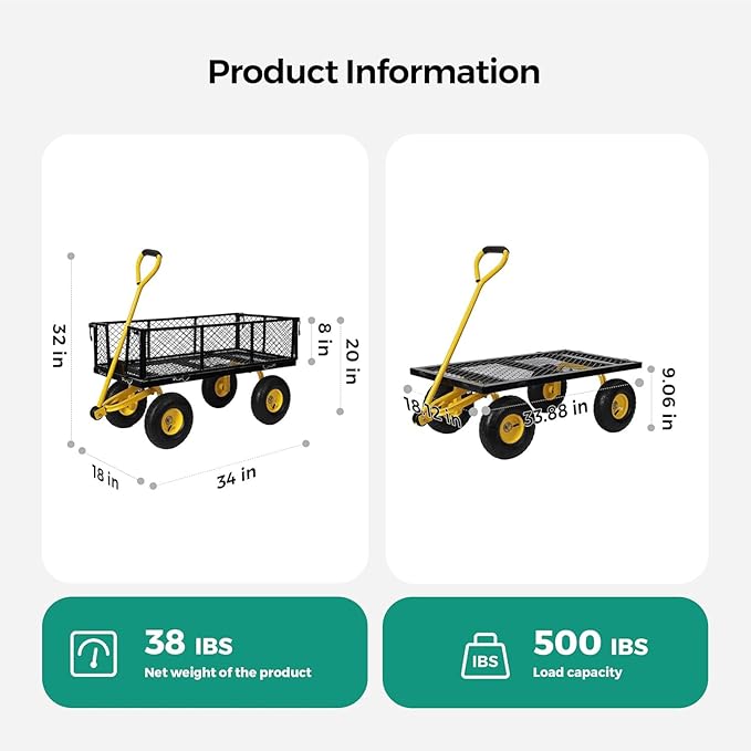 SUNNYFEEL 500 Lbs Capacity Heavy Duty Mesh Steel Garden Cart, Folding Utility Wagon with Removable Sides,10 Inch Flat Free Tires, Black & Yellow