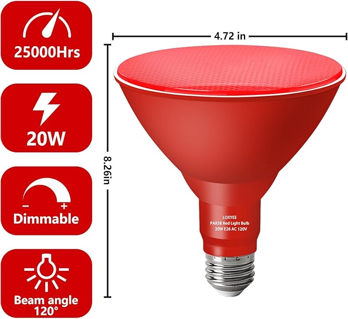PAR38 Flood Red Light Bulbs,2 Pack Dimmable,E26 Base Red Flood Light Outoor(20W Replace to 200W),Halloween Light Bulb for Outside,Christmas,Holiday Lighting