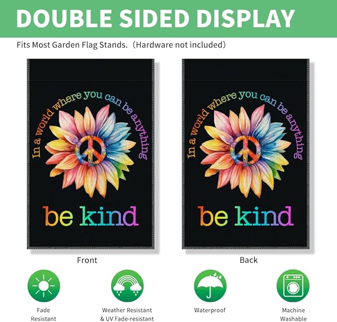 Perfectinsoy In A World Where You Can Be Anything Be Kind Retro Garden Flag, World Peace Garden Banner, Colorful Community Welcome Yard Home Holiday Indoors Outdoors Patio Decor, Daisy Front Yard Sign