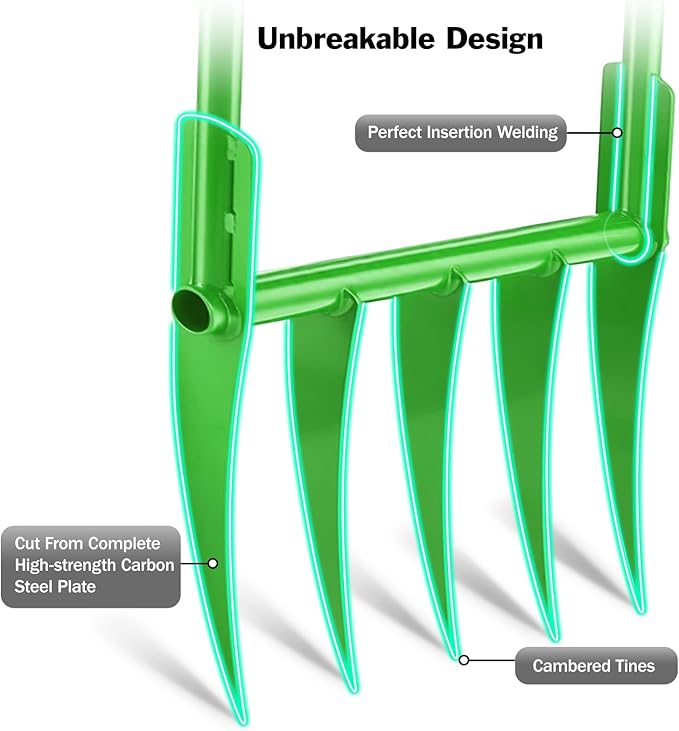 56'' Heavy Duty Broadfork for All the Soils, Unbreakable Pitchfork, 5 Sharp Cambered 11'' Tines Bord Fork Garden Tool, Ergonomic Handles, Good Package, Easy Assembly, Cultivator & Tiller，Green.