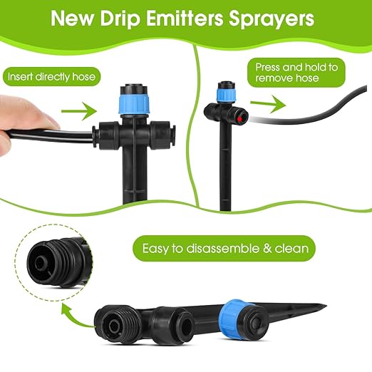 25 Pcs Drip Irrigation Emitters with Stake - Adjustable Vortex Dripper for 1/4" Drip Line Tubing - Garden Watering System Sprinkler Heads - Blue