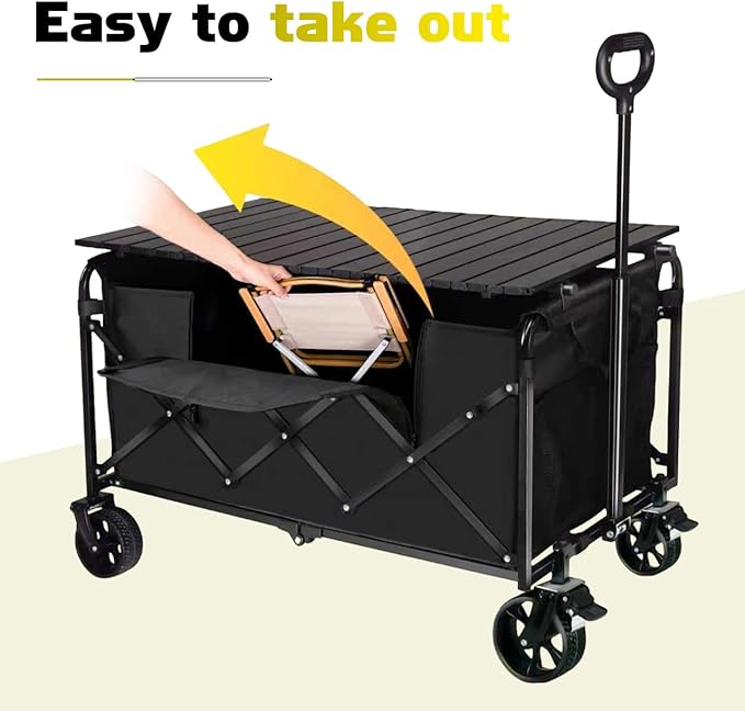 500LBS Collapsible Foldable Wagon Cart - 230L Large Wagons with Table, Heavy Duty Portable Utility Folding Cart with 360° Swivel Brakes Wheels & 2 Cup Holders, for Shopping Camping Beach Garden & Fish