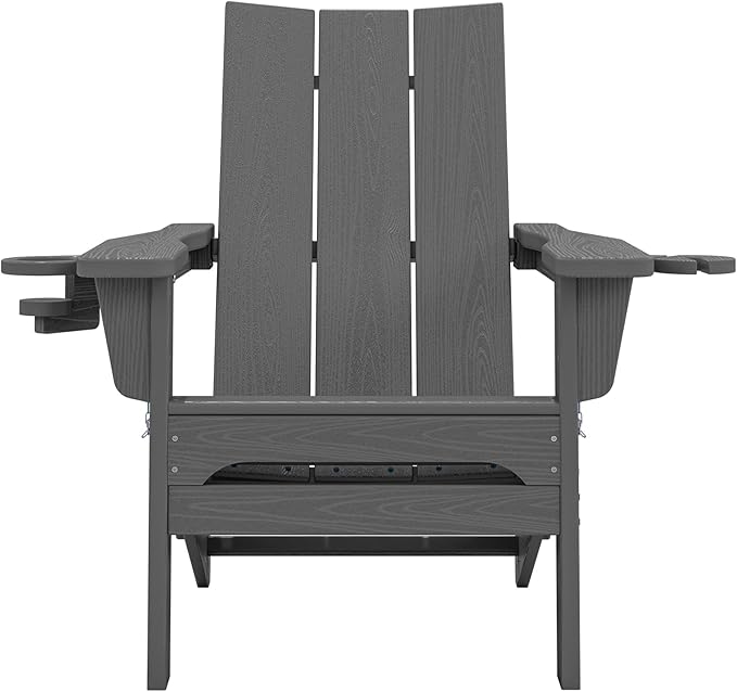 SERWALL Outdoor HDPE Modern Adirondack Chair，Folding Adirondack Chair with Cup Holders, All Weather Resistant Fire Pit Chair, Gray