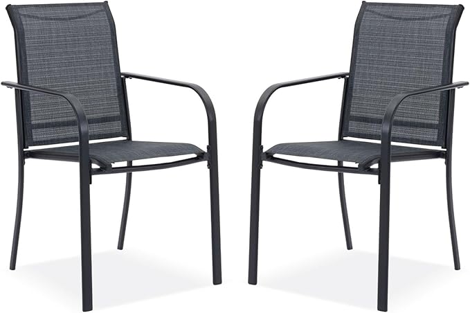 DIFY Patio Chairs Set of 2, Stackable Textilene Outdoor Dining Chairs with Metal Frame, All Weather Outdoor Chairs Set for Backyard Garden Deck Poolside, Dark Grey