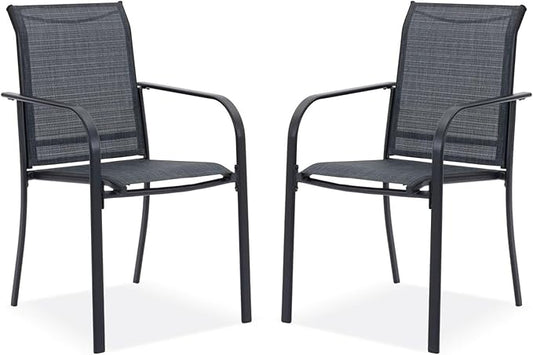 DIFY Patio Chairs Set of 2, Stackable Textilene Outdoor Dining Chairs with Metal Frame, All Weather Outdoor Chairs Set for Backyard Garden Deck Poolside, Dark Grey