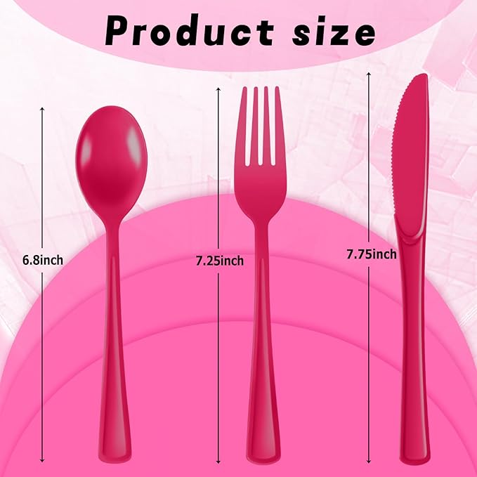 Plastic Silverware 300 PCS Disposable Silverware Heavy Duty Utensil Sets 100 Of Each Forks Knives & Spoons Disposable Cutlery Set For Easter,Birthday,Baby Shower,Garden Party,Wedding(300,Hot Pink)