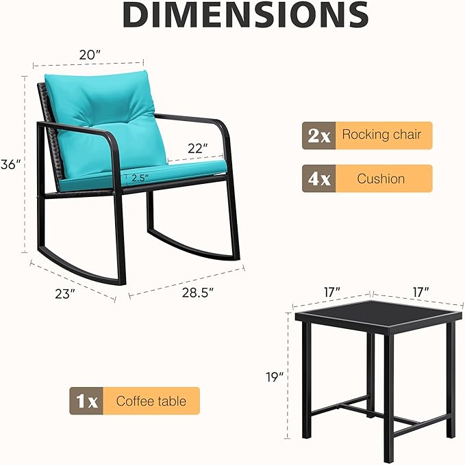 Flamaker Patio Chairs 3 Piece Wicker Rocking Chair Outdoor Bistro Sets with Coffee Table and Cushions Metal Frame Patio Furniture for Porch, Balcony, Lawn (Blue)