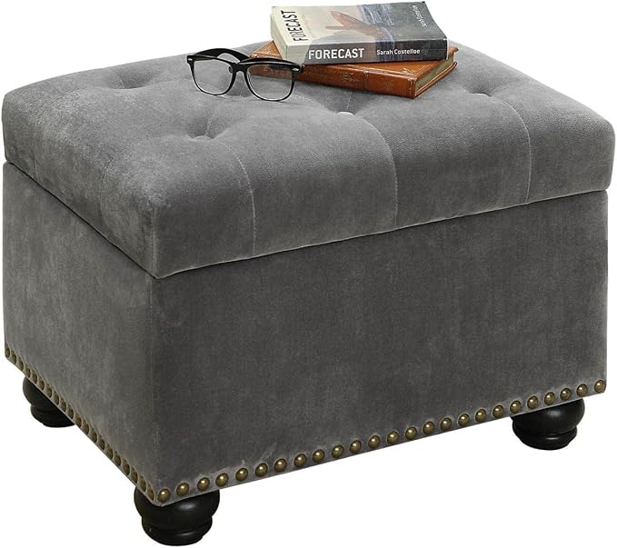 Convenience Concepts Designs4Comfort 5th Avenue Storage Ottoman 24" - Contemporary Foot Stool and Seat with Hinged Lid for Living Room, Dining Room, Office, Den, Gray Velvet