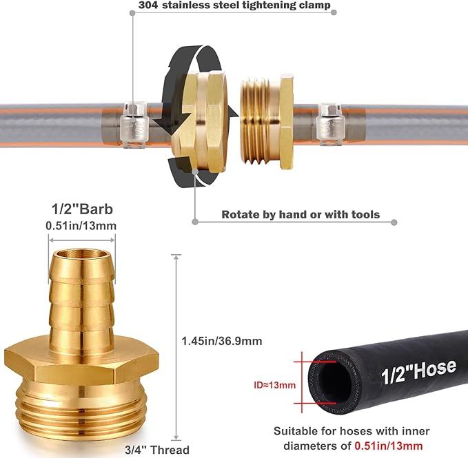 Solid Brass Garden Hose Repair kit Connector with Clamps 1/2" Barb x 3/4" Male,Fit for Garden Hose Fitting,Male and Female Hose Fittings