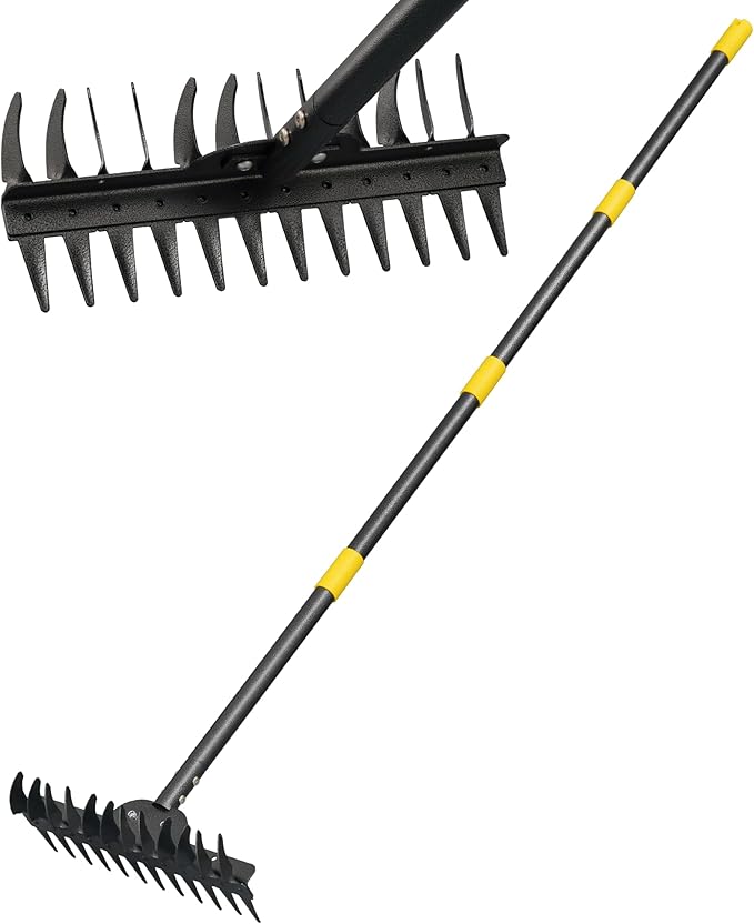 Metal Garden Rake Heavy Duty, 62" Adjustable Handle Bow Rake Dual-Sided Dethatching Thatch Rakes Garden Tool for Rock Leaves Lawns Landscape Yard Gardening Loosening Soil