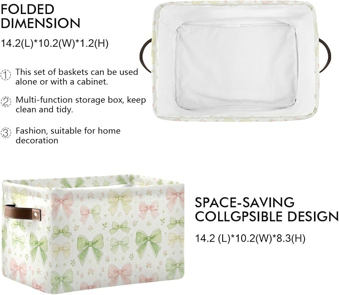Sweet Coquette Mint Bow Background Canvas Storage Basket Fabric Storage Bin Collapsible Canvas Basket Organizers and Storage Containers for Bedroom Nursery Toys Clothes