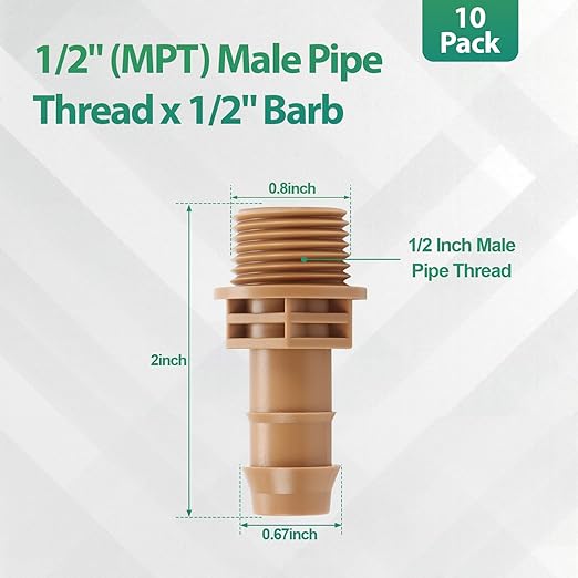RedChili 1/2 Inch Drip Irrigation Fitting To 1/2 Inch Male Hose Threaded Adapter, 10 Pack PVC To Drip Irrigation Coupling Adapter With 1/2" Male Pipe Thread(MPT) x 1/2" Barbed Connectors