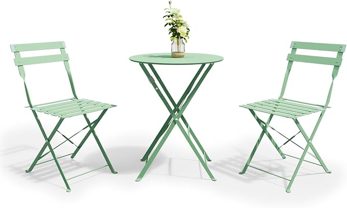 3-Piece Folding Bistro Set, 2 Chairs and 1 Coffee Table, Space Saving Weather-Resistant Frame, Portable Indoor/Outdoor Patio Furniture Conversation Set for Garden Porch Balcony Deck - Green