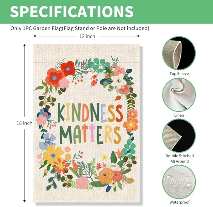Perfectinsoy Kindness Matters Floral Garden Flag, Flower Yard Banner, Community Progress Welcome Yard Home Holiday Farmhouse Porch Patio Lawn Backyard Outdoors Decor, Equality Inclusion Home Flag