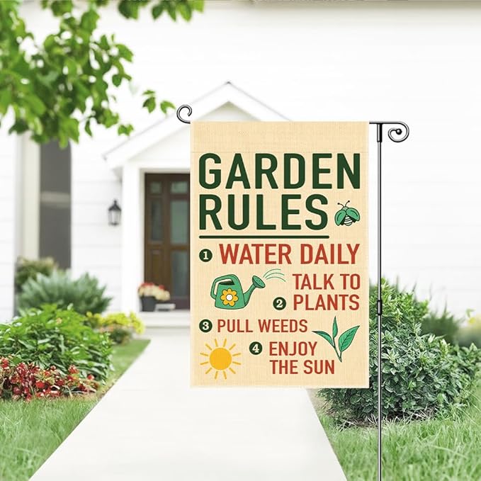 Garden Rules Double Sided Garden Flag, Funny Sping Yard Sign for Outside, Gardening Gifts for Nature Lover, Spring Shed Lawn Porch Farmhouse Patio Outdoor Decor Banner, Planting Lover Gifts