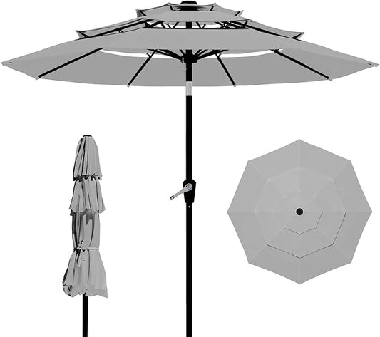 9FT 3 Tiers Patio Umbrella With Auto Tilt And Crank, Outdoor Table Market Umbrella with 8 Sturdy Ribs for Garden, Lawn, Deck, Backyard and Pool