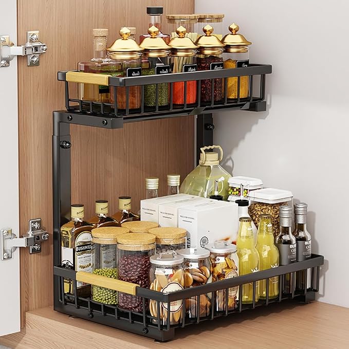 GarveeLife Under Sink Organizer, L-Shape Pull-Out 2-Tier Carbon Steel Storage Organizer with Suction Cups - Space-Saving Cabinet Rack for Kitchen & Bathroom - Easy Access Sliding Design -Black