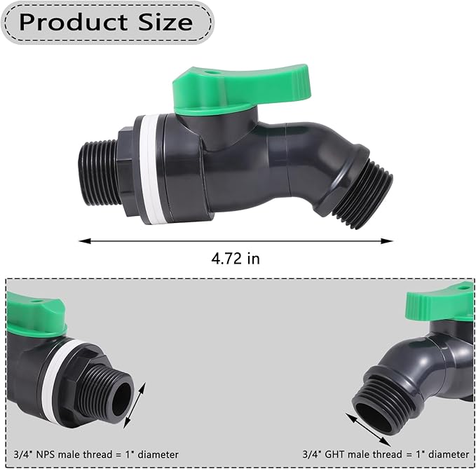 3/4" Rain Barrel Spigot Kit, Water Barrel Valve for Outdoor Water Tanks, Plastic Barrels, Aquariums