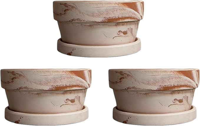 Macchiato Two-Tone Terracotta Plant Pots with Trays, Breathable Unglazed Clay, Medium-Low Temperature Fired, Set of 2/3/4/6/8 for Indoor Outdoor Plants