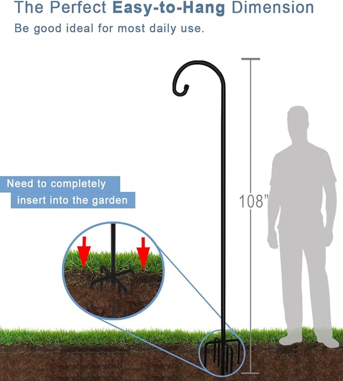 Artigarden 108 inch Outdoor Shepherd Hook with 5 Prong Base (2 Packs), Adjustable Heavy Duty Garden Hanging Stake for Bird Feeder Solar Light Plant Hanger Wedding Decor, Matte Black
