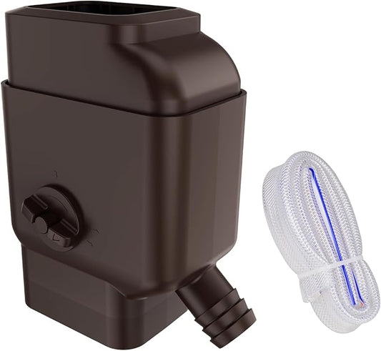 Prestantious Downspout Diverter with Built-in Filter Screen Fits for 2"x3" and 3"x4" Downspout, Rainwater Collection System with Adjustable Valve and 4ft. Hose, Diverts Large Water Flow, Brown