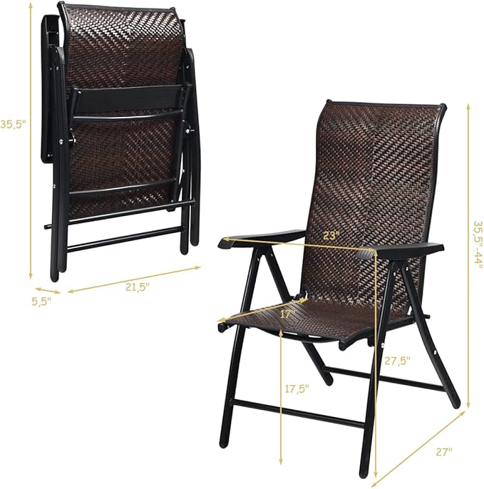 Tangkula Foldable Patio Wicker Dining Chairs Set of 2, Portable High Back Outdoor Wicker Chair with 5-Level Adjustable Backrest, No Assembly Reclining Chairs for Porch Deck Garden Balcony