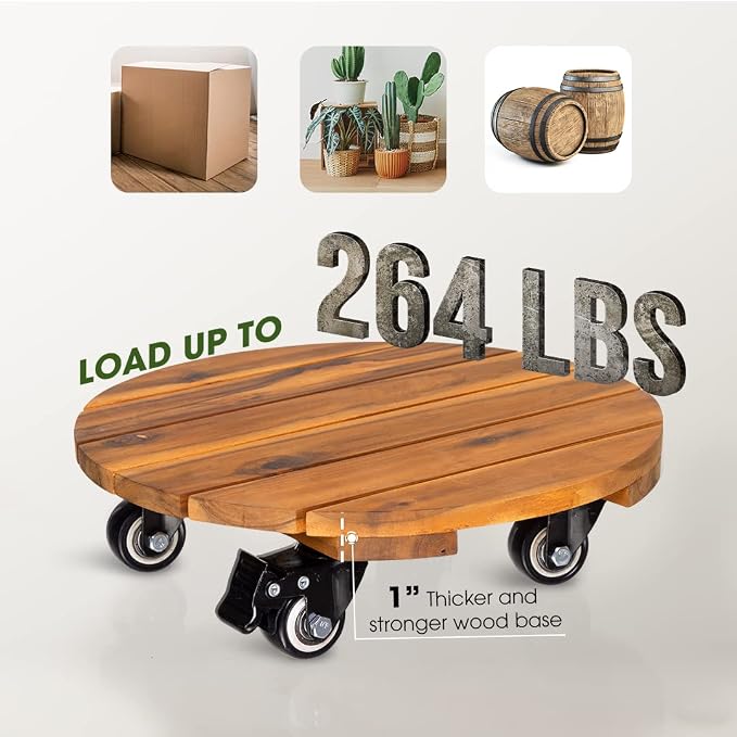 2-Pack 14 Inch Acacia Wood Rolling Round Plant Caddy, Plant Caster for Heavy Duty Plant Stand with 360° Lockable Wheels, 264 lbs Capacity Caddy for Indoor and Outdoor Use, Natural Wood