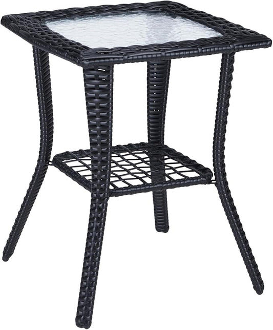 VINGLI Outdoor Side Table with Storage Wicker Patio Side Table, Tempered Glass Top End Table for Balcony Porch Deck (Black)