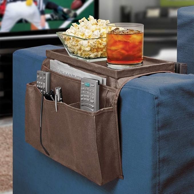 Sofa Armrest Organizer with Cup Holder No-Slip Couch Sofa Armrest Organiser Couch Remote Caddy Control Holder with 1 Large Pockets and 3 Small Pockets for Smart Phone Magazines Ipad Drinks