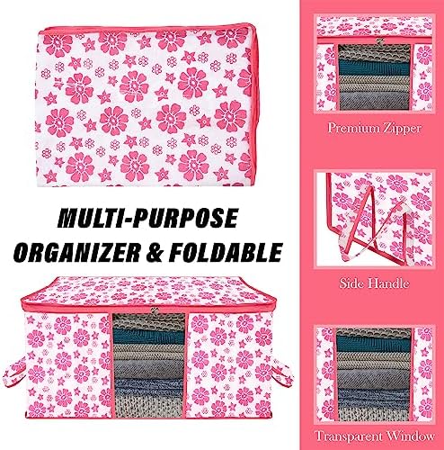 Kuber Industries Underbed Storage Bag | Clothes Storage Organizer | Blanket Cover with Clear Window | Zipper Closure & Handle Cloth Organizer | Flower-Design | Large | Pack of 4 | Pink