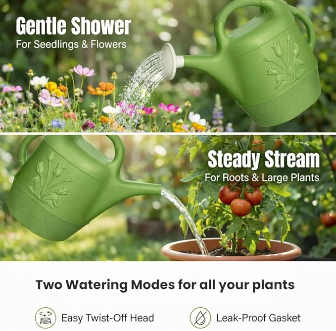 PMU 2 Gallon Watering Can - Garden Watering Can for Indoor & Outdoor Plants - Plastic Water Can with Detachable Sprinkler Head - Large Water Pot, Made in USA - Sage Green Pkg/3