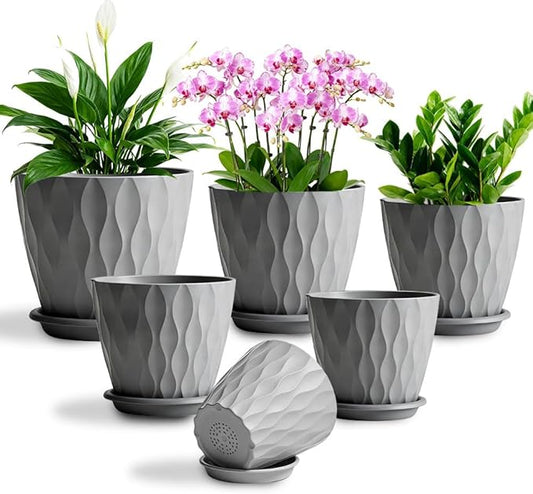 Plant Pots, Self Watering Planters with Drainage Holes and Trays, Flower Pots for Indoor Outdoor - 6 Pack(4/5/6/6.5/7/8 Inch) (Gray)